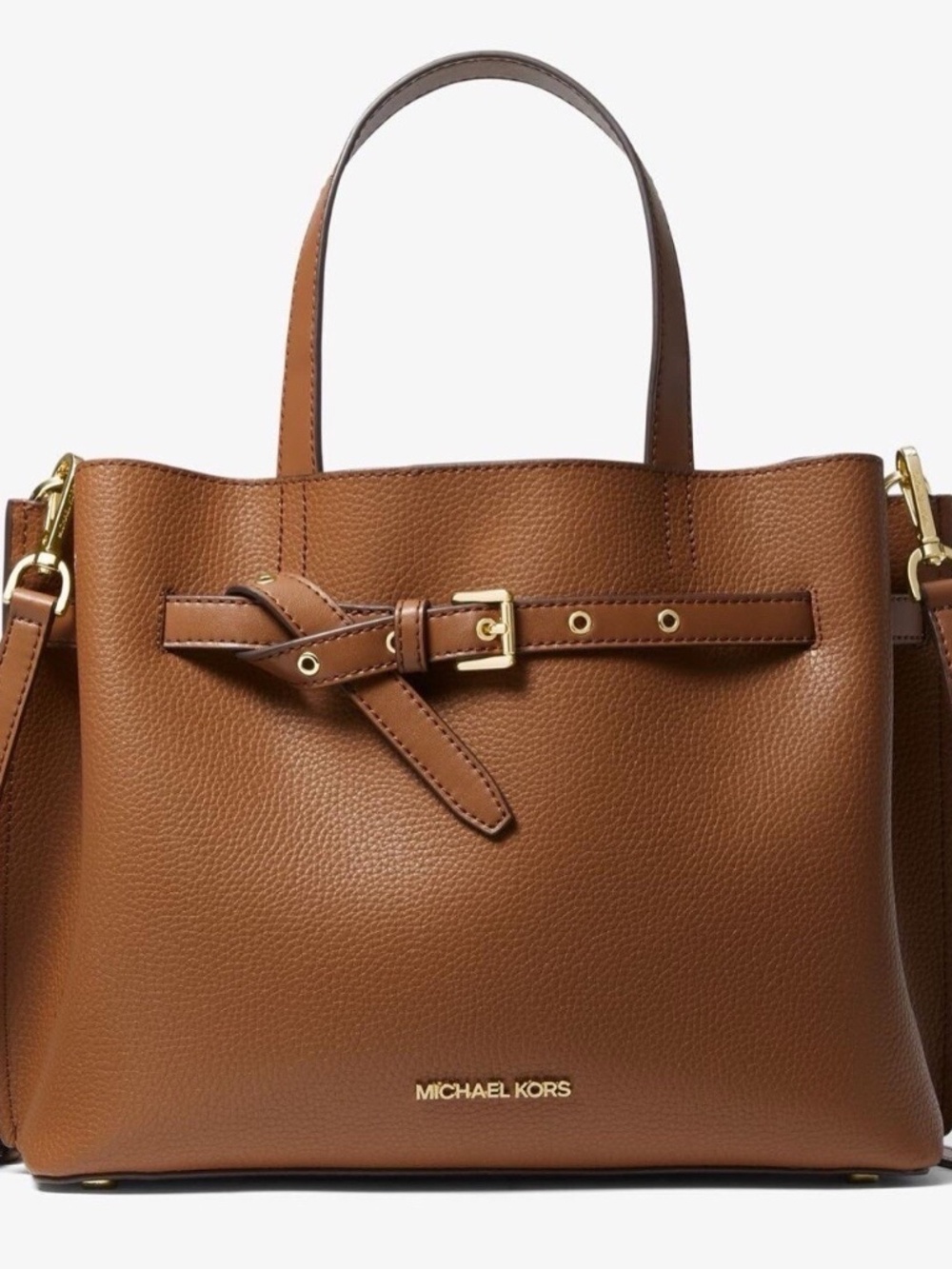Michael Kors Emilia Large Pebbled Leather Satchel Crossbody Bag Luggage Brown